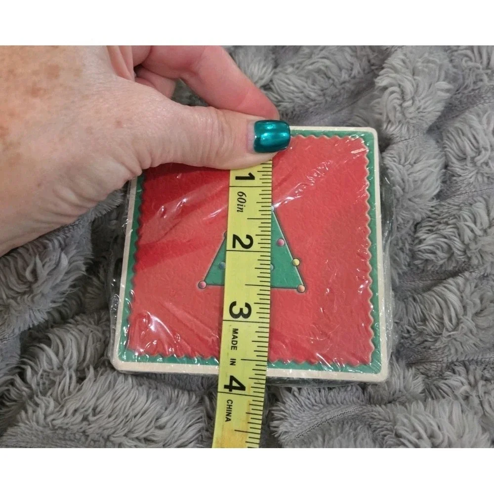 Christmas Tree Ceramic Coaster Set of 4 with Metal Holder Cork Backing Red Green